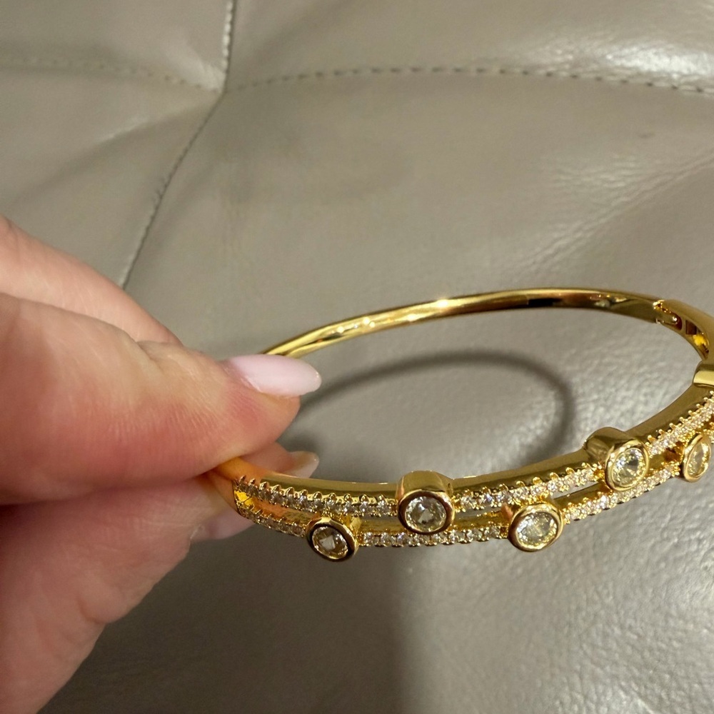 Gold Double Layer Rhinestone Bangle Bracelet - Picture 3 of 5